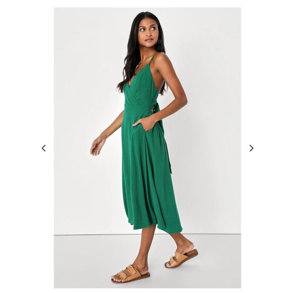 Lulu's Warm Afternoons Green Linen Tie-Back Midi Dress wPockets NWT - Picture 2 of 12